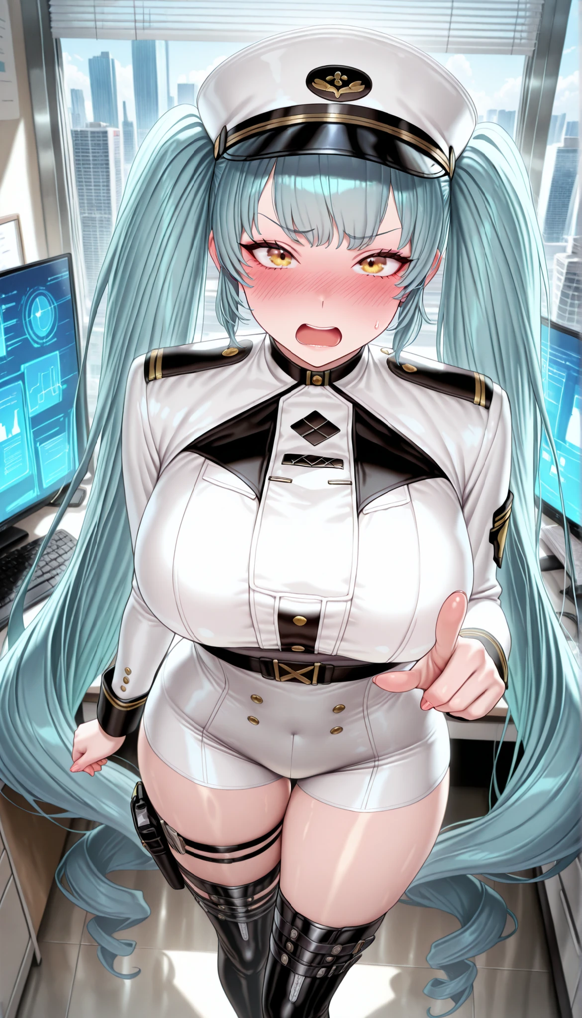 1girl, long blue green hair, pink eyes(glowing), goggles, thick figure, grinning, blushing, thick adult body, voluptuous, pale skin(extreme), wires extending, wire plugged into neck, orange dress(intricate ornamentation), wet skin, chiaroscuro, raypunk gothic, spaceship cockpit, laying on pilot seat, cosmic, absurdes, high res, ultrasharp, 8k, masterpiece, from above, looking at viewer