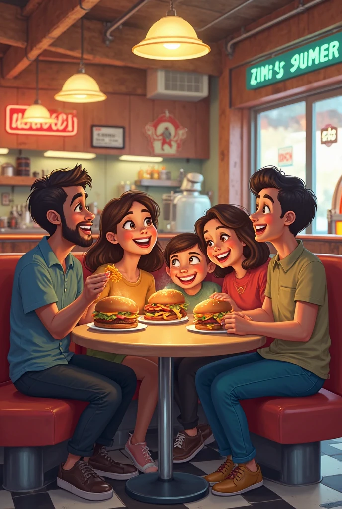A happy family eating at a burger joint called Flash Burger 