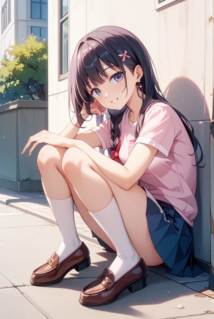 1girl in、A smile、A delightful!　The shirt、pleatedskirt、White skirt、（small tits）Squatting panchira、