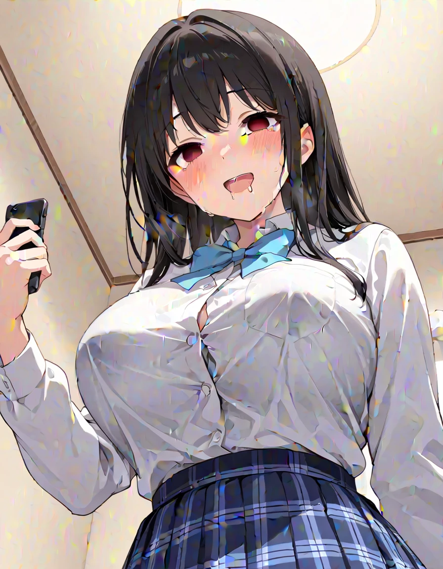 [1girl, chi-chi \(dragon ball\), dragon ball], (goblin slayer!), (throw_hand, pink vibrator remote switch in throw_hand, throw:1.2), Highest quality, Super detailed, masterpiece, Ultra-high resolution, 8K, Ridiculous, Cowboy Shooting, Blurred, Focus on the girl, Embarrassing, blush, Lovely, Open your mouth, What saliva leaves behind, Wet skirt hem, (Sticky panties:1.1), Bulging of the vibrator cord, Vibrator with Garters, (cleavage), Classroom Background, The skirt is accidentally exposed,(large breasts), (crop top navel), (waist line), Accidentally exposed panties