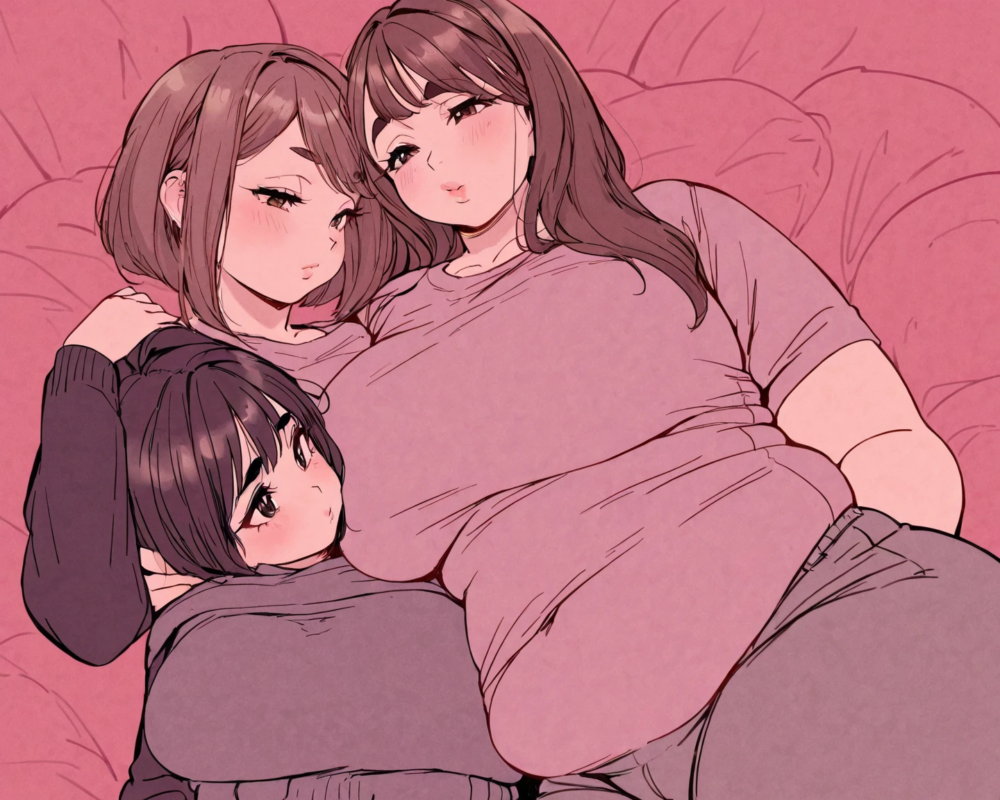 a comic page about a fully pajama wearing 24 year old extremely fat woman adjusting to her first night with her 40 year old busty mother as her second head on her immobile two headed body. She’s clearly uncomfortable with feeling her mother masturbate her now two headed 1200 pound morbidly obese body, using one hand to pleasure herself with her hand under the cover of the blanket as she watches a video on her phone. Her mother is telling her how much the two of them need this relief as she strokes them both, she’s looking deep into her daughter’s eyes as they share their first orgasm since mutating into a beautiful two headed conjoined mother and daughter.