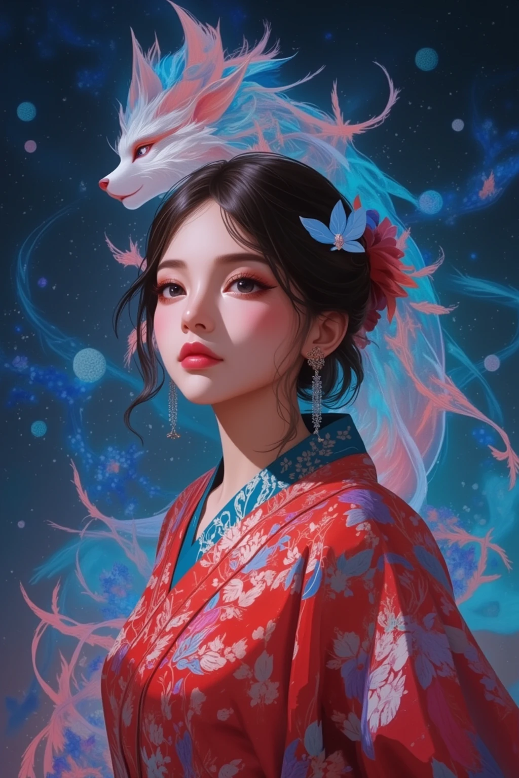 A young woman wears a bright kimono々 looking at viewers with an arrogant expression , The intricate pattern resembles flowing feathers, What is behind her is a beautiful creature that is spiritual and fantastic、iridescent fur swirling through the starry night sky radiates.Her long hair is styled gracefully, creates an aura of magical realism.Some spherical objects float around the creature, Planets contribute to the celestial theme.The woman's posture is so beautiful that it gives elegance and serenity to the scene.Artwork blends visual fantasy with traditional design elements, evokes a dreamy atmosphere.