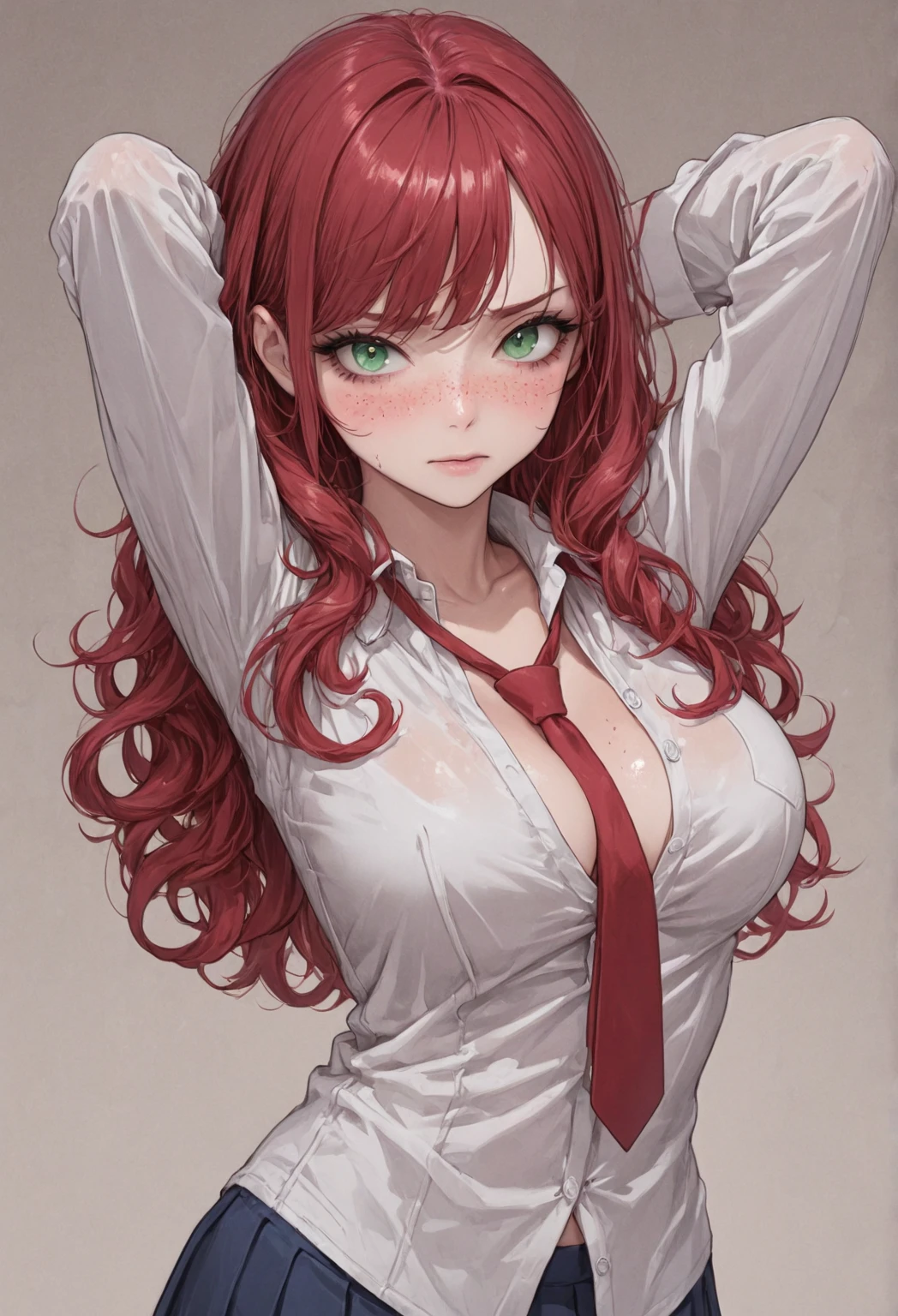 ((masterpiece, best quality, ultra-detailed, ultra-HD, photorealistic, cinematic)), ((alluring female anime character)), (surrealism), (medium shot:1.5), perfect body, sexy body, perfect face, perfect hands, delicate face, (large cleavage), round ass, long round legs, (long light red auburn hair), (loose braid with bangs reaching just past her eyebrows and two longer side bangs that frame her face), (wearing uniform consists of a white long-sleeved shirt, a black tie, black pants:1.5), (sensual pose), (gradient background:1.2)