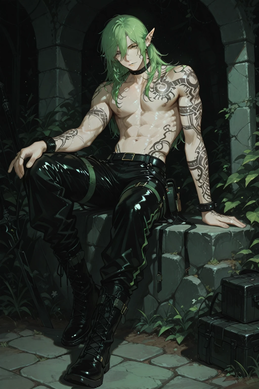 (masterpiece, best quality), 1boy, wearing micro thong, full mast, erect bulge, see-through thong , mushroom water world, wide angle, athletic body, male, iridescent skin, flat chest, silver eyes, green hair styled in spikes, determined expression, bioluminescent lighting, small waist, broad chest, big mane, slim scruffy, muscular , illustration, watercolor ink sketch, (best quality)), intricate detailed,solo, masterpiece, art by hermann nitsch, zdzislaw beksinski, dariusz zawadzki, giger, dragan bibin and l
