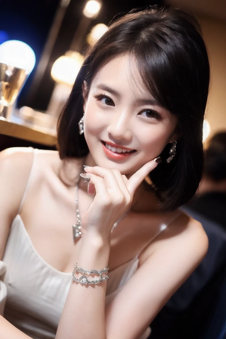 ((table top:1.4, highest quality)), (realistic pictures:1.4), ((1 girl)), (Pure actress), (dream-like), (High resolution:1.2), very delicate and beautiful, wonderful, Highly detailed CG Unity 8K wallpaper, Super detailed, High resolution, soft light, beautiful detailed girl, highly detailed eyes and face, beautifully detailed nose, beautiful and detailed eyes, (wear a light white dress:1.3), cinematic lighting, perfect anatomy, slender body, (parted bangs), (sitting on a big crescent moon:1.3), (night view), cowboy shot, looking at the viewer, smile