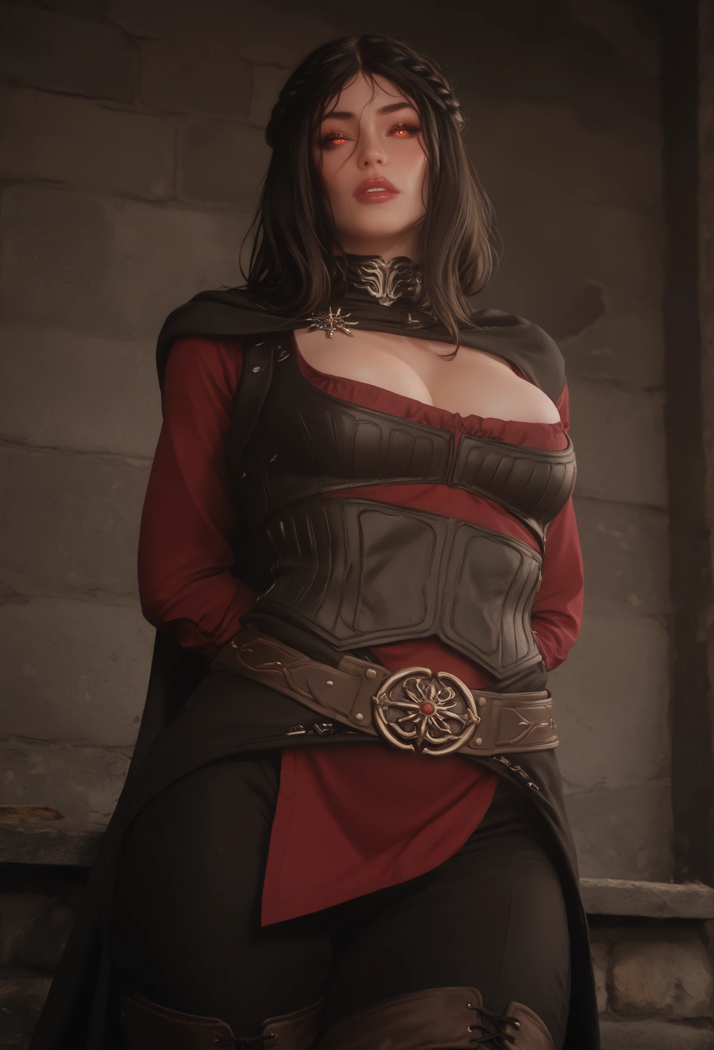 (ultra detailed, beautiful, masterpiece, best quality), solo, looking at viewer, breasts, cleavage, dark hair, dark eyes, thief, rogue, assassin, (wearing elaborately detailed leather cloth, padded cloth, wear a black face mask, belt, pouch, boots, cloak, hood, amulet, cape), rustic tavern, blurry wooden bar table as foreground, jovial fantasy atmosphere, (highly detailed skin, detailed texture), detailed background, UHD