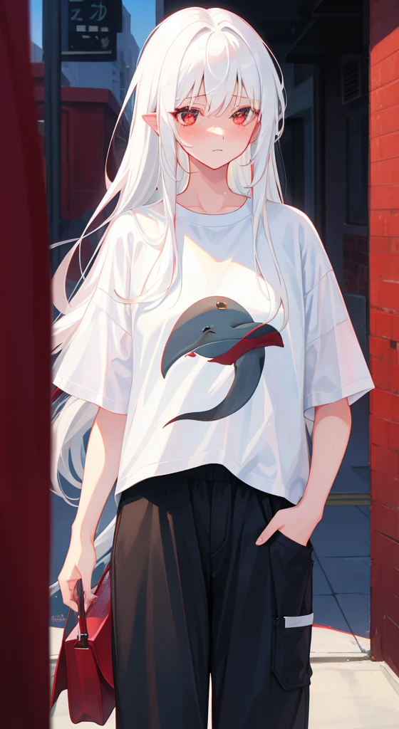 ((4k,masterpiece,best quality)), shuimobysim, traditional chinese ink painting,   
1 girl, solo, white hair, long hair, white, white t-shirt tshirt, white background, ｓｔａｎｄｉｎｇ,standing, full body, full body, simple background