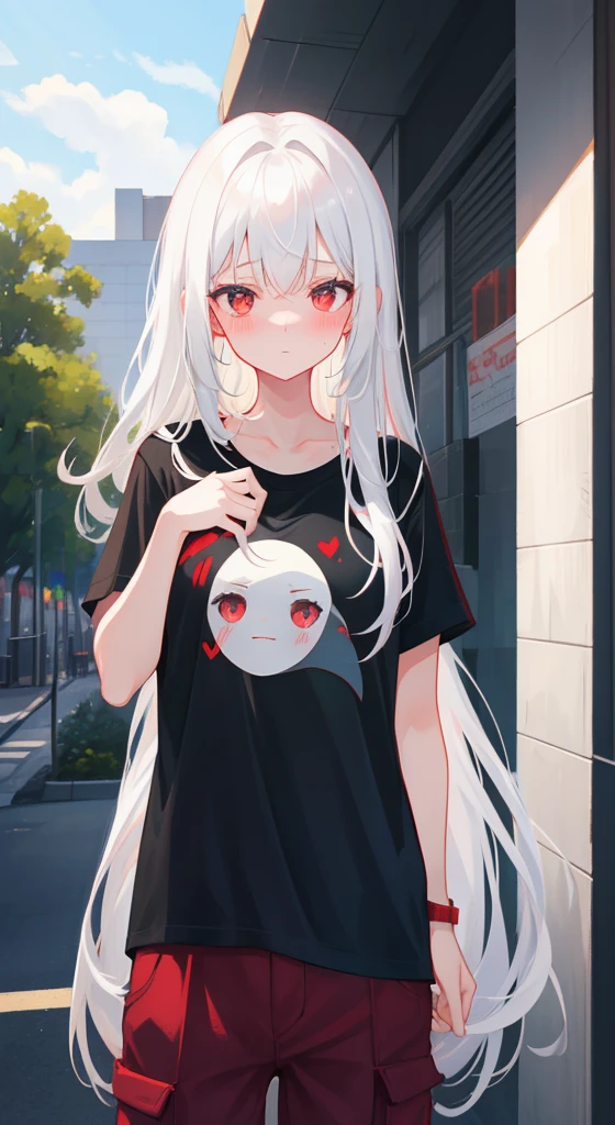 (Alisa Mikhailovna Kujou), anime, ??????, parody, counterfeit, blue eyes, white hair, long hair, red hair ornament, t-shirt, wet, blushing, serious face, (see through clothes), masterpiece