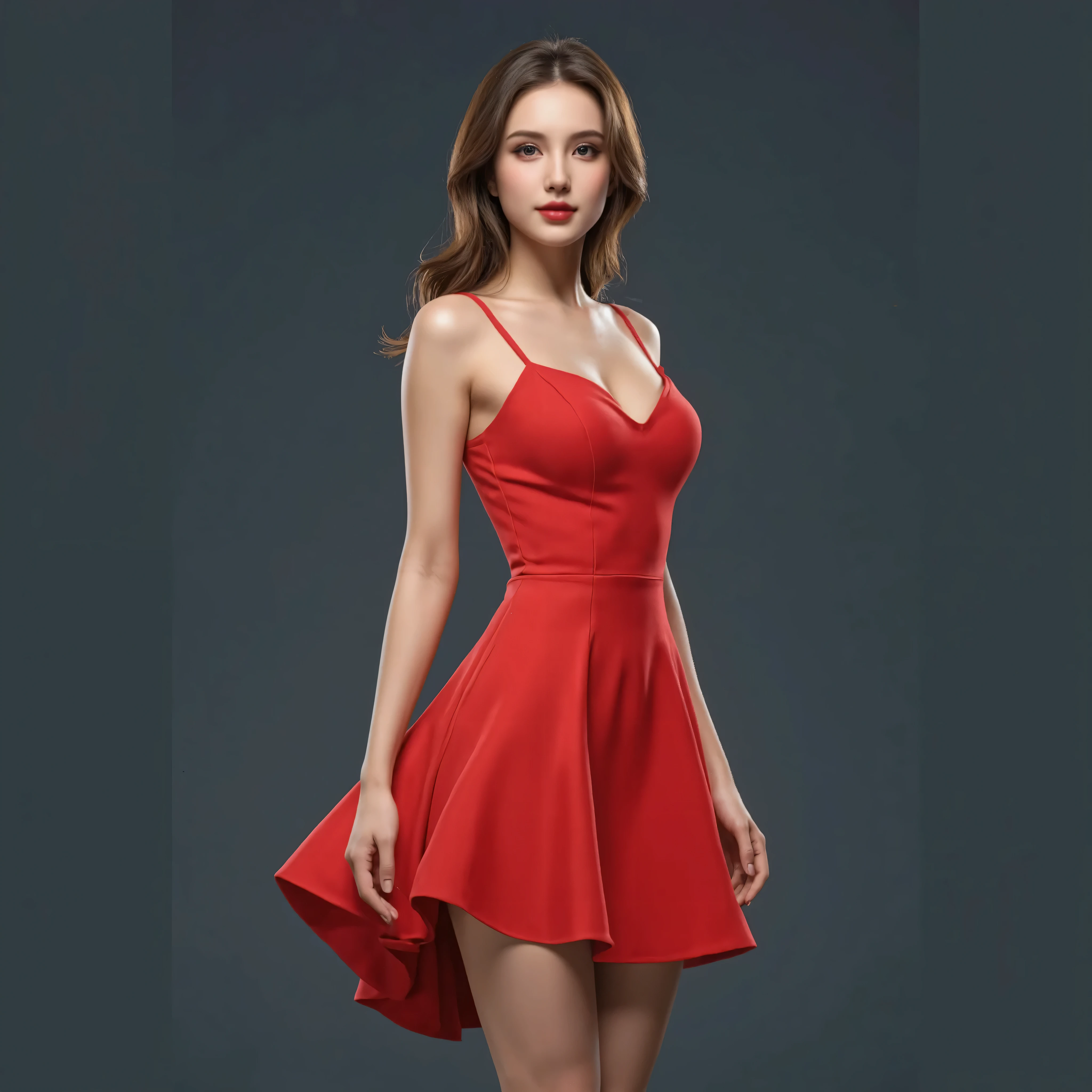 In the image, ((((??)))), NUDE, (((NFSW))). a beautiful Brazilian woman with white skin, medium-length dark brown hair, loose hair, is in a shopping mall fitting room. She is wearing a wine red dress ((((super low cut)))), red dress, full covered dress, red short dress, flattering photo, wearing a wine red sundress, in a red dress, in a dress, she arrived in a wine-red dress, with red clothes, full body photo. The woman is posing with her hands on her hips. Her gaze is directed towards the camera and she has a slight smile on her face. She is around 40 years old, 162 cm tall and weighs 56 kg. Her body exudes glamor and her face is a definition of beauty. Slender body, thin waist. Highly realistic, hyperrealism, very elaborate skin, high quality photo. Sharp Photo, High Resolution, High Quality, Masterpiece, 16K Photo, Sharp Photo, High Contrast, Masterpiece, (Photographically Realistic), ((((??)))), NUDE, (((NFSW))).