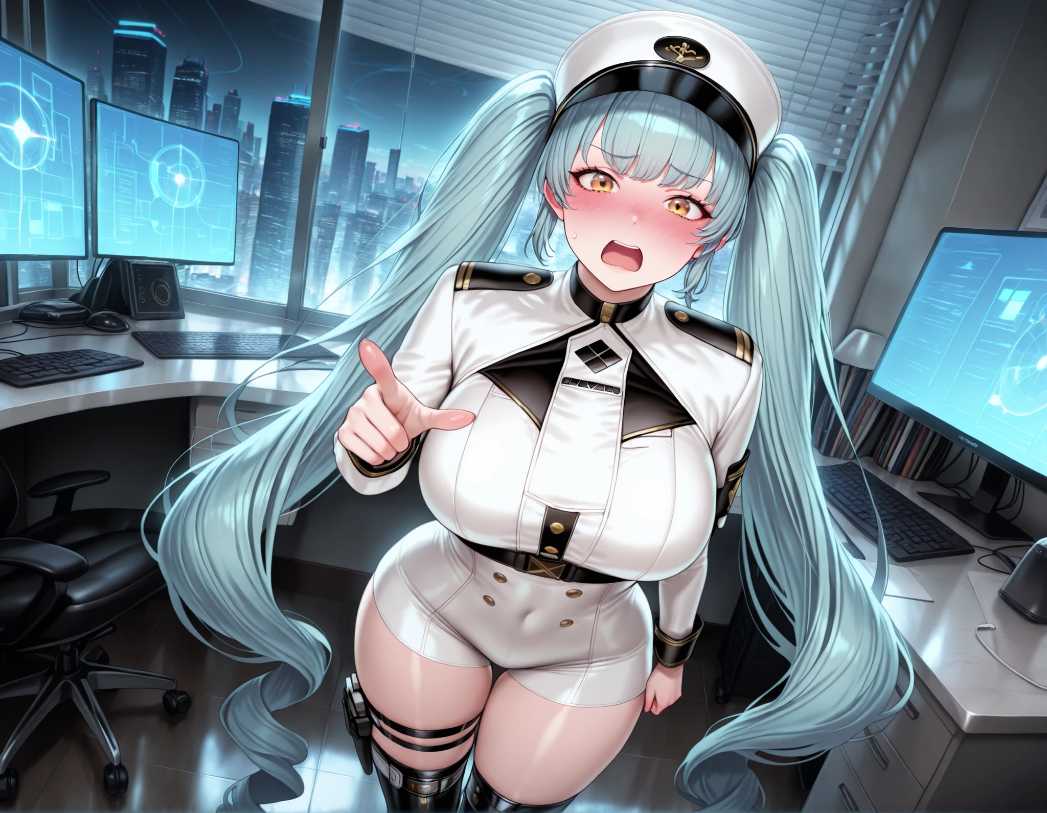 (masterpiece) (high Res), (robot), (Perfect face), (perfect anatomy) woman in super tight clothes, (office suit), (mini skirt), shirt, tie, blue glowing eyes, huge breast, narrow waist, wide hips, thick thighs, metal body, silver skin, silver hair, red lipstick, black high heels