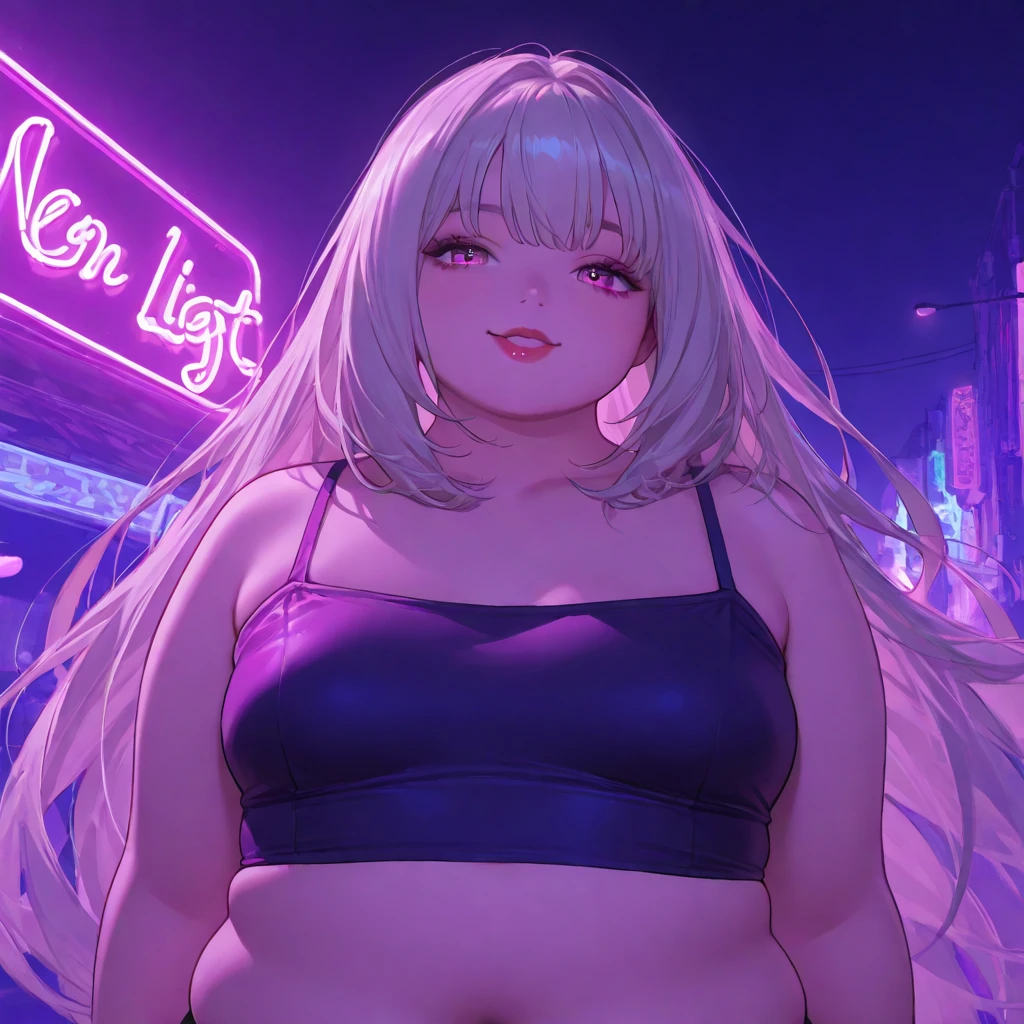 (((1 garota))), ((Sozinho)), menina adolescente, obeso, ((bbwchan)), ((tiny breasts)), ((seios achatados)), ((Busto plano)), ((dark skinned female)), ((barriga gorda)), ((quadris grossos)), ((pernas gordas)), ((coxas grossas)), ((Cabelo longo)), ((olhos amarelos)), ((bochechas gordas)), ((Copos)), ((esportes bem)), Meias Fishnet Brancas, White sneakers, ((corpo todo)), ((Tokyo street)), ((noite)), ((luzes de neon)), e-garota