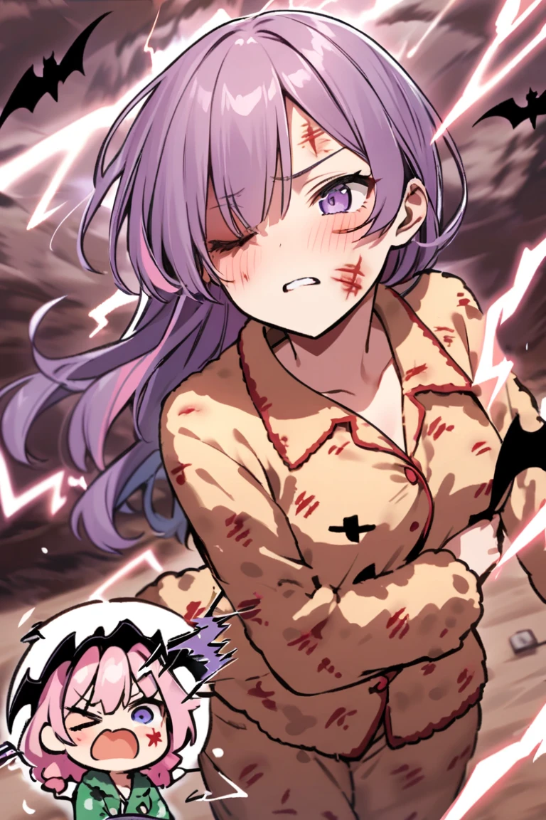 Anime girls have just finished killing people in a gloomy hell,With a bloody knife,Look with lonely eyes,There were countless pairs of demon eyes in hell looking at her,There were bloody corpses all around, The demon's hands stretched out from the blood-colored lake
