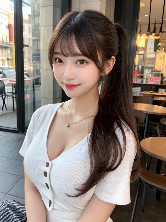 highest quality、Natural Lip、Fair skin、Great light、Beautiful lighting、((Straight hair))、((Ponytail Hair))、((Black Hair))、Blunt bangs、Off the shoulder、Large Breasts、Large Breastsの谷間、White crop top、mini skirt、Gorgeous Accessories、Harajuku、smile、かわいいsmile、Crowds in the city