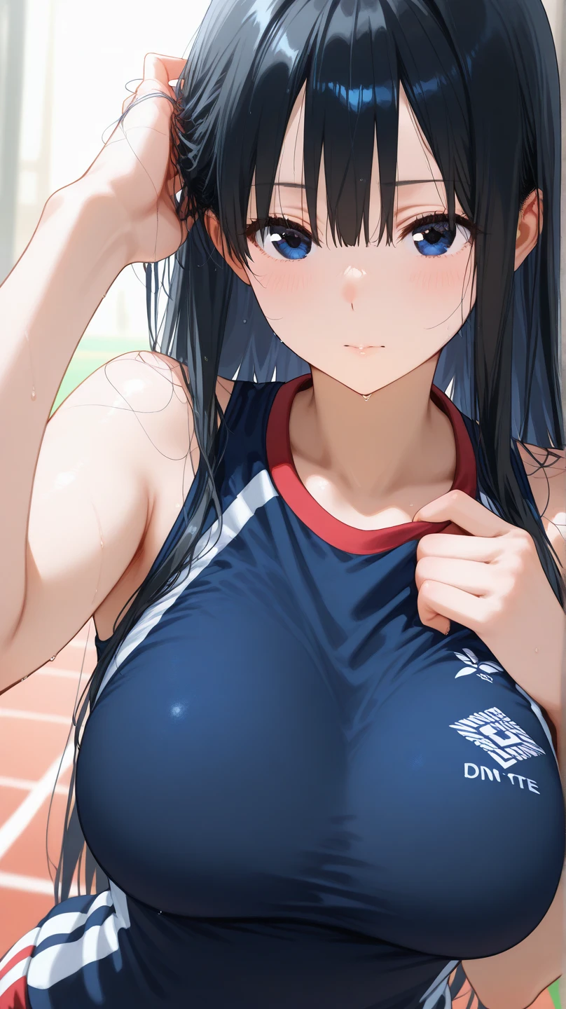 Beautiful anime woman, sweating running down the body, worried face, sexy body, kurze Sport Kleidung