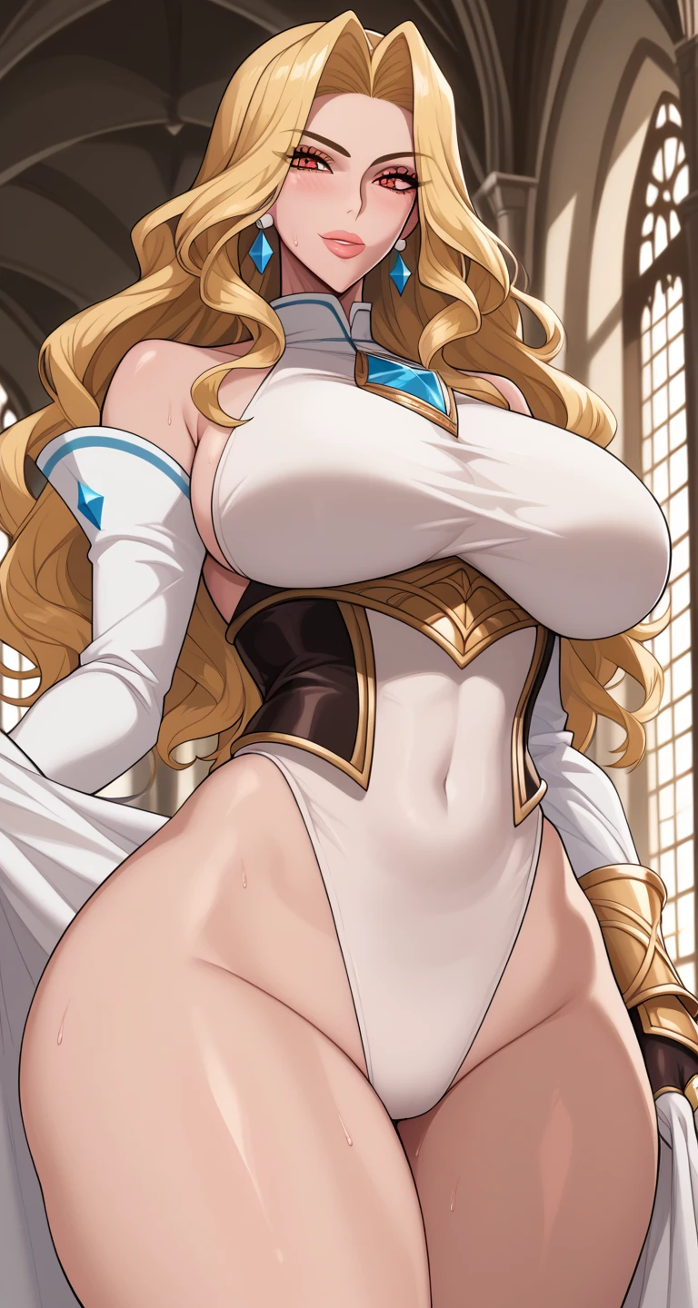 (pov from below), sitting at luxury sofa, window, night time, sarielx, god rays, blue armor, underboob, blue skirt, blue boots, (luxury livingroom background), anime cels style, best quality, high resolution, 1girl, (huge breasts:1.2), beautiful face, cowboy shot, heterochromia, braided ponytail, braided bangs, happy face, looking at viewer