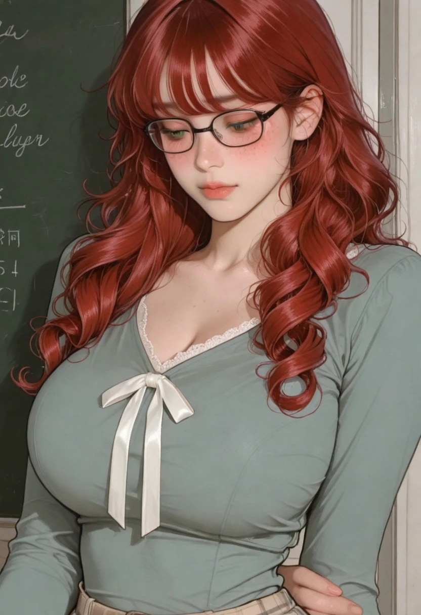 cgi, 3d, realistic, photorealistic, masterpiece,solo, adult, (20yo) 1girl, sfw, young, cute, (nerdy),librarian,profile, from side ,bookcase, library,indoors BREAK
curly hair, brown hair, medium hair, (((orange hair))),  ((ginger)),(freckels), bangs big glasses, black glasses,picking books, book in hand, blue eyes, ((povbreastgrab, pov hands)), breast grab,(closed mouth),(((((embarrased, blushing))))) BREAK
medium breasts ,white turtleneck sweater, ((povbreastgrab, pov hands, breast grab)), midriff BREAK
red plaid skirt,  ((povbreastgrab, pov hands, breast grab))
 