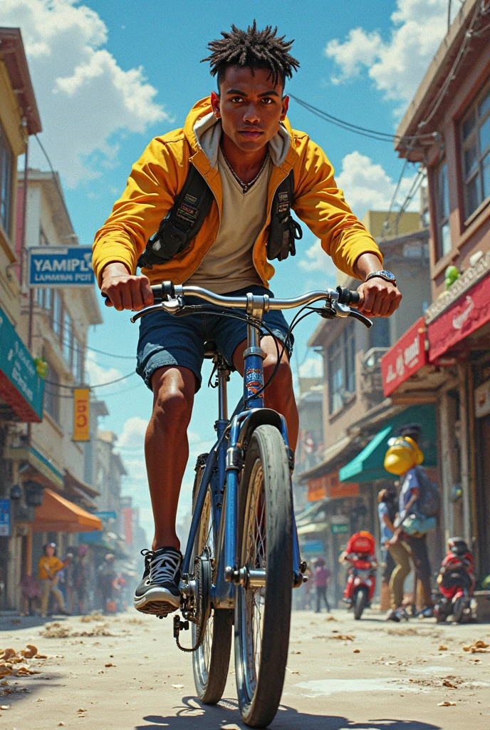 (bicicleta: 1.5), (bicicleta realista: 1.5), (ciclista realista: 1.5), ciclista de volta em primeiro plano, Paisagem de Lofi, Natureza, sol, Floresta, clareira, undergrowth, fundo da paisagem, Sombras, Contraste, Makoto Shinkai (best quality:1.3), (Altas:1) Arte por Studio Ghibli Style, cores vibrantes, impressionismo