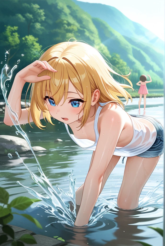 Children, cute, sweet, sexy, playing in the water at the waterfall 