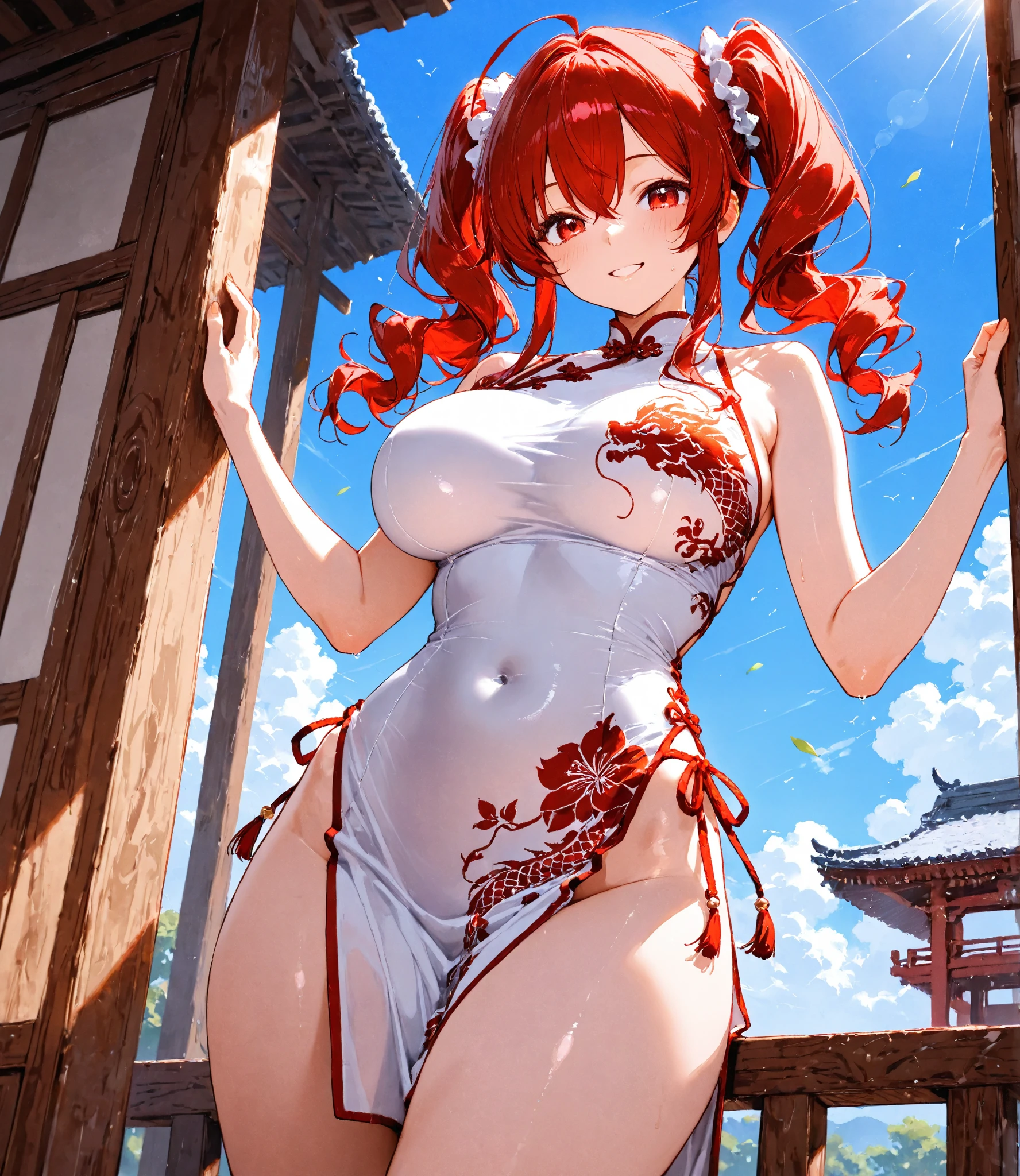 1girl, Hyperrealistic, 8k, Top quality, very sharp photo, photoreallistic, fille sexy, long redhead twintails, (white and golden sexy lingerie), (red eyes), detailed lip, Japanese girl, show stocking, large breats, shy, full perfect body, sexy necklace, show shoes, standing, rooftop, harsd, trees, wine, chocker