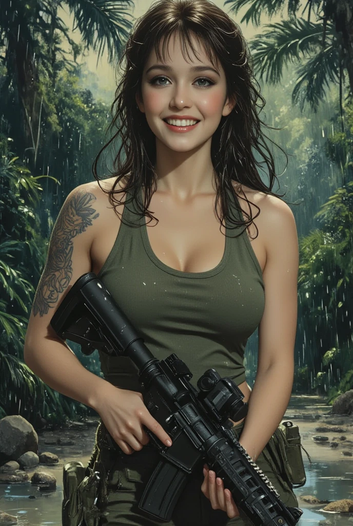 An image of a busty female soldier, angelina jolie, brunette hair, gorgeous, (cleavage), camo vest, hotpants, jungle, (detailed skin complexion:1.2), best quality, vivid color, rtx shading effect, ambient occlusion, highly detailed textures