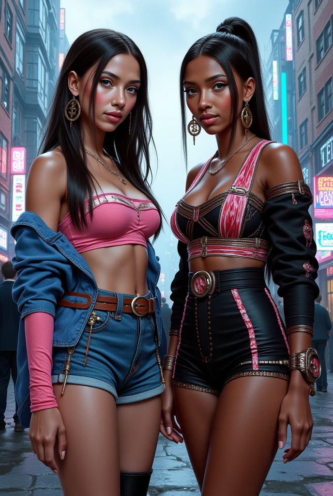 fking_scifi, ultra detailed illustration of two women,duo,sisterhood, depict the timeless beauty and spirit of a woman from 1990. She has a braided hairstyle as used to be in the 80's with lots of thin braids. She is wearing very low rise jeans and a crop top, 90's clothes. 90's environment, art by MSchiffer. close up, fking_cinema_v2