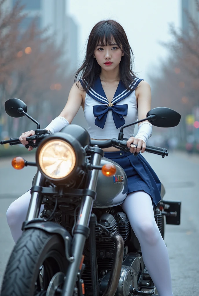 ((top-quality:1.2、8K、F / 1.8、nffsw、foco nítido:1.2、Photorealsitic:1.4、masterpiece、Depth:1.2、super-fine:1.2、Back lighting、Ultimate Girl、Highly Detailed face Textures、detailed beauty makeup:1.2、real looking skin、A detailed eye、Detailed bangs))((White sailor suit、Dark blue mini skirt、))、(Red Sport Type Motorcycle)、Straddling a motorcycle、The wind is blowing、tilt of the head、huge-breasted:1.2、light brown hair、Grinning from top to ear --auto
