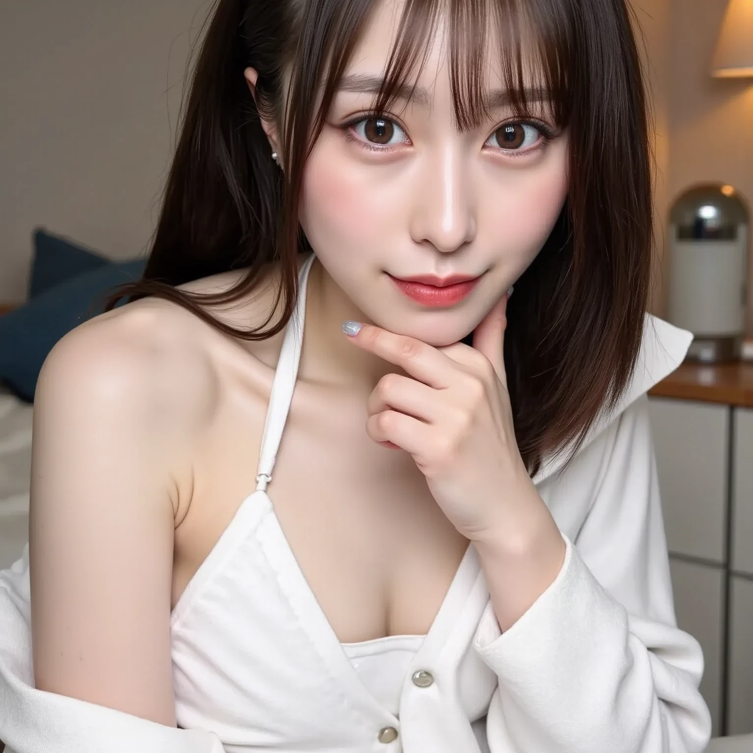 ((highest quality, 8K, masterpece :1.4)), highest real,Sharpness:1.3, Perfect Body Beauty:1.4,(pureerosface_v1:0.008), ((super real,best quality)),(soft lighting),super detailed face,top-quality,SUPER high resolution,Extraordinary beautiful girl,Detailed cute and beautiful face,facial hairs,Bangs that extend to the face,Bangs between the eyes,eye liner,Lush bust,fine eyes, double eyelid,((In-focus image,no blur)),,(((alone girl))),fine detail,highly detailed face and eyes, (cute face:1.6), my sister,18years old,(huge breasts:1.8,beautiful areola,small areola),(Clear colours,Vivid depiction),Photorealistic, 8k, RAW Photos, ----((NSFW:1.5))----------((make eye contact with the audience)),((Composition from the avobe:1.2)),-----(Inside the hospital, bright room, Marble floors, white concrete walls,large windows, sunlight shines in),(Beautiful BROWN hair:1.2, long Hair:1.2,CUTE HAIR STYLE),-----(SMILE FACE:1.4),PAIZURI:1.5.(((long penis, breasts blowjob:1.2)), (( penis is between breasts:1.2)),((Close your breast with both hands))),------(Squatting:1.4,arched back:1.3,place both hands on breasts:1.2),((close up face:,upper body)),-----((Real short nurse uniform:1.2, white nurse uniform:1.2, white nurse cap:1.2)