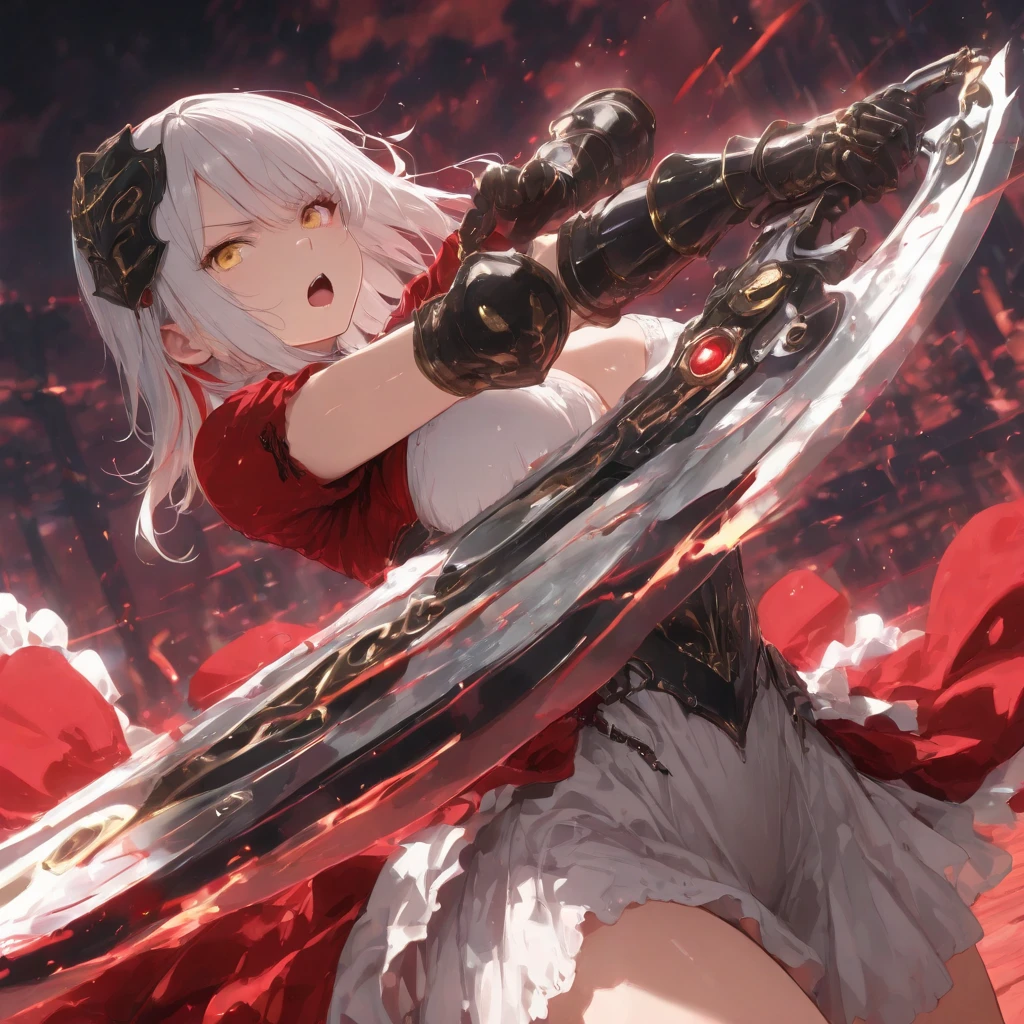 ((solo)), maximum masterpiece, amazing quality, absurdres extremely, HDR, highles, vivid colors, flawless smooth skin, large breast, wolf cut hair, sidelocks, medium hair, silver hair, yellow streaked hair, shining red eyes, gunblade user, holding dual gunblade, head armor, armor dress, gauntlet, battle stance, attacking pose, dutch angle, open mouth, Concentration line, cowboy shot, aiming at enemy's