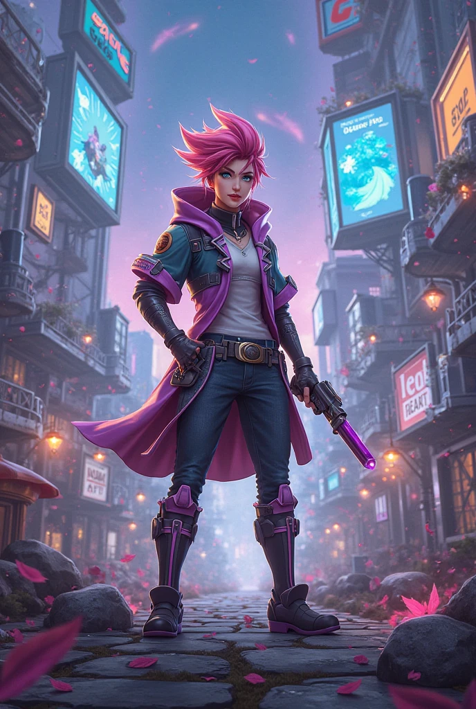 A yung girl with big bright purple eyes, pink hair, a square haircut, a leather suit, a cape in the style of the assassin's creed, Tokyo at night in the background, rain, white and red, pixelated realism, detailed character expressions, dark cyan and red, fairycore