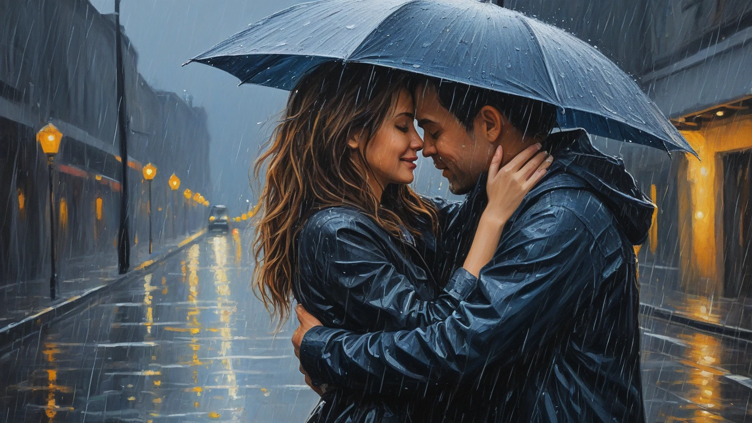 the bustling city,a couple of girls kiss in the rain, night, inspired in Brussels (art inspired by Bill Sienkiewicz). oil painting, details of brush strokes that enhance depth)