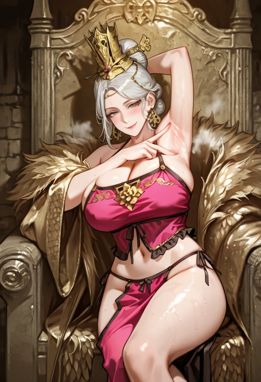 Simple white background,glitter,
barefoot,white dress,cleavage,collarbone, Navel,bare shoulders, Gold leaf on head,
bracelet, earrings, jewelry, gem,Pearl, Green eyes gold necklace, Black hair,explosions,short hair hair,
1girll, 20yo,young woman,Beautiful Finger,Beautiful long legs,Beautiful body,
Beautiful Nose,Beautiful character design, perfect eyes, perfect face,expressive eyes,perfect balance,
looking at the scenes,(Focus on her face.),closed mouth, (innocent_Large_eyes:1.0),(light_smile:0.3),
formal art,Highly detailed CG module 8K rear, perfect illumination,Colored, bright_front_face_lighting,white-skinned,
(Masterpiece:1.0),(Best_quality:1.0), very high resolution,4K,A highly detailed,
photography, 8K, hdr, highres, absurdres:1.2, Kodak portra 400, grain du film, blurry background, bokeh:1.2, lens flare, (vibrant_Farbe:1.2),professional photo,
(A beautiful,Large_breasts:1.4), (A beautiful_face:1.5),(narrow_waist), huge breasts smile closed mouth lipstick green lips earrings
Sitting on throne , Golden throne (chair) studded with diamonds , Throne background