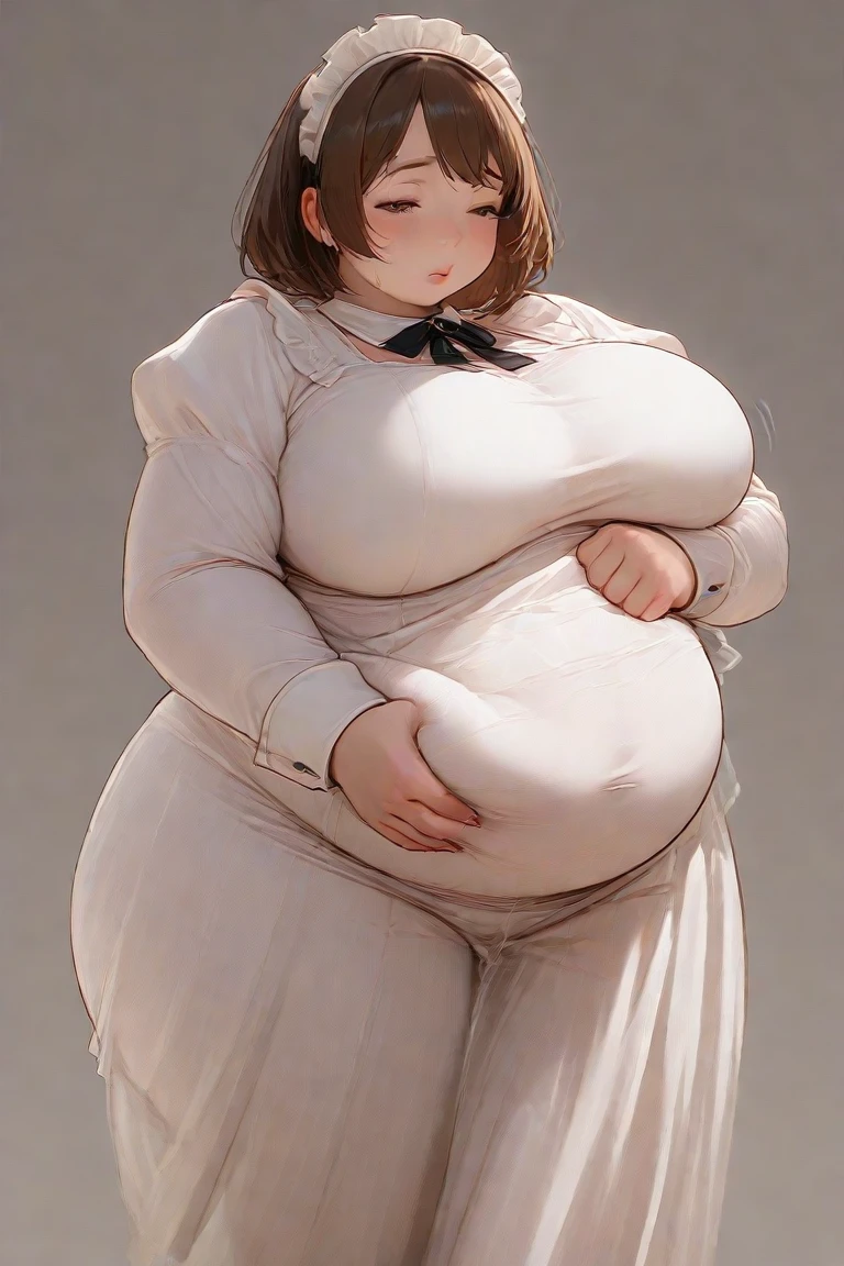 art by kipteitei, masterpiece, best quality, correct anatomy, beautiful woman, high quality, volumetric lighting, intricate details, 1girl, solo, looking at viewer, shy look, short hair, light brown hair, (big belly, wide hips:1), :q, grey skirt, white button-up, HD, anime, sharp, extremely coloured, curvy, voluptupus, navel, thick ass, thick thighs, skindentation, (simple background:1.2), round belly, bloated belly, gigantic belly, undersized clothes, (micro bra), jiggly belly, bulging belly, gigantic breasts, hyper belly, thigh highs