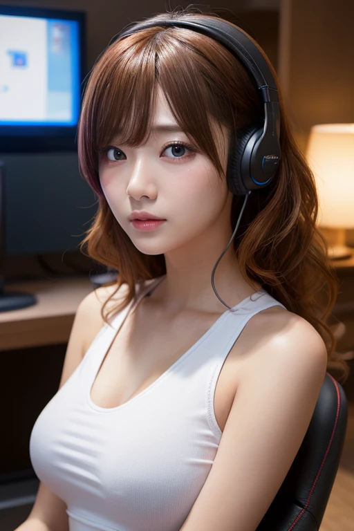 (8k, best quality, masterpiece:1.2), (realistic, photo-realistic:1.37), ultra-detailed, detail fingers, realistic fingers, A detailed portrait of 1 Gamer Girl, 22 year old girl, e girl, pale skin, perfect body, wearing maid clothes, cute pink headphone, sitting in a cute pink gaming chair, closed mouth, flat expression. The scene is illuminated with professional lighting, photon mapping, and radiosity, with Tetsuya Nomura Style. Blur bokeh effect, realistic light, StarCraft, Progamer, SFW.)