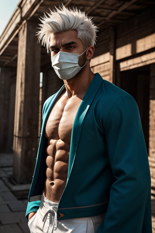 male posing, boxerbriefs, skinny body, atmospheric, cute face, white hair, blood, mask, dead inside, plaid hoodie