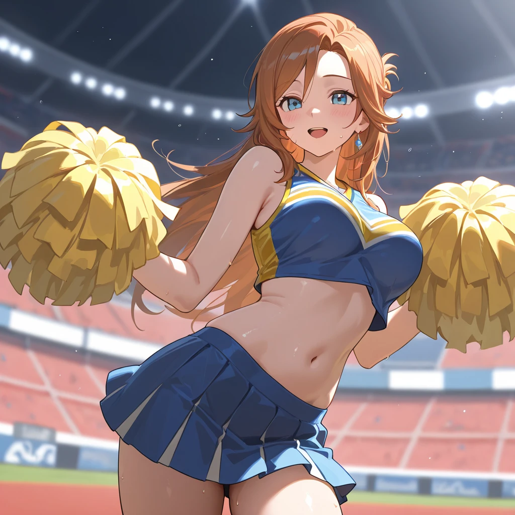 very cute and beautiful cheerleader girl,(Highly detailed beautiful face and eyes:1.2),(hold the pom pom:1.2),(laugh together),((big breasty whole body is sweaty))
(stadium stand),cowboy shot,dynamic pose,zettai ryouiki,(orange sleeveless shirt),beautiful feet,skirt lift,white panties,dynamic angle,redhead、yellow headband、
(highest quality,masterpiece:1.2),intricate details,Super detailed,High resolution,1 girl,looking at the viewer,
Natural light,hair blowing in the wind,beautiful detailed sky,