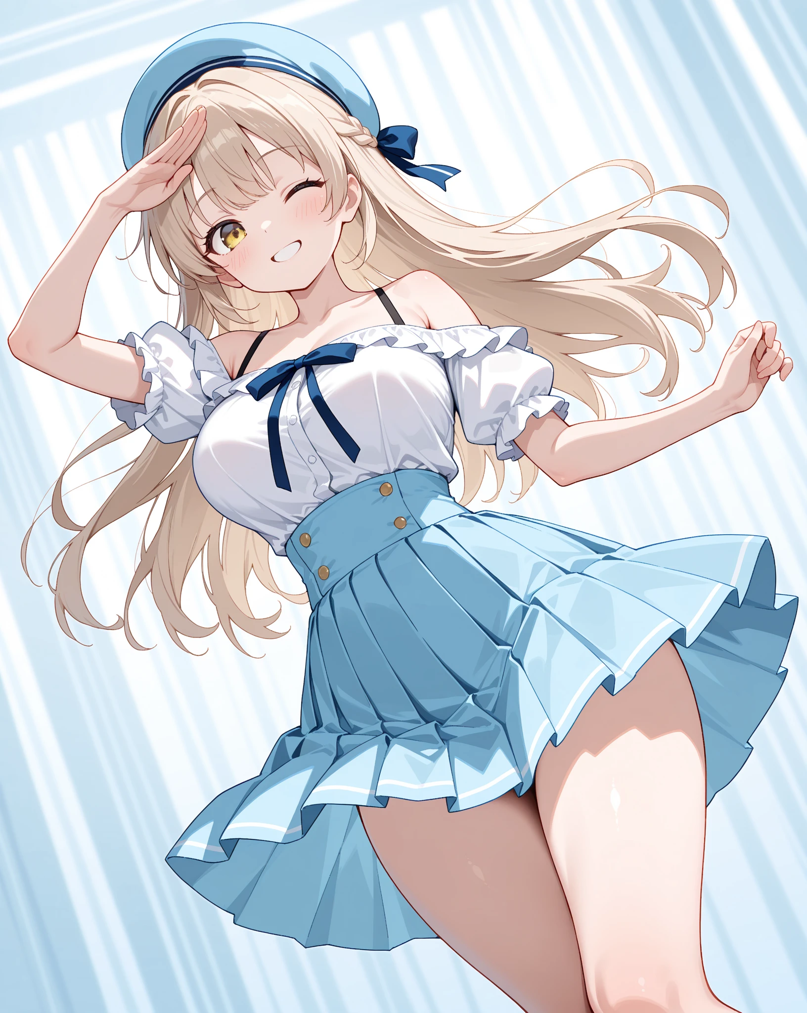 (Best quality, 8k, 32k, Masterpiece, UHD,:1.2),RAW, 1girl,ultra cute , natural lighting,transparent shining eyes, 20yo ,fair complexion,blush, open mouth, laughing, (Ultramarine and white striped mini skirt、White frilly cute underwear, skirt is lifted、barefoot), medium breast, smiling, shiny,, ((White Background)), blonde, Cowboy shot, wedgie, Cameltoe, From Below,