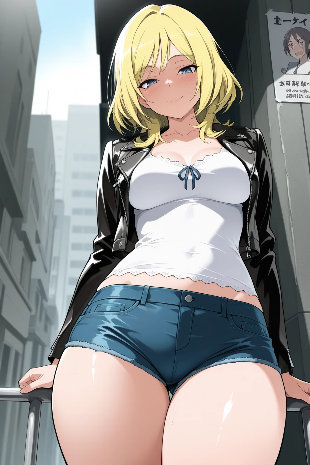 masterpiece, best quality, sunset, cowboy shot, view from below, 1girl, delinquent girl, tough appearance, sharp eyes, golden eyes, short hairstyle, dirty blonde hair color, rough face, big breasts, black casual jacket, , alley, curvy body, mature face, 
 ((looking disgusted)), looking at viewer, golden eyes,
in the classroom,