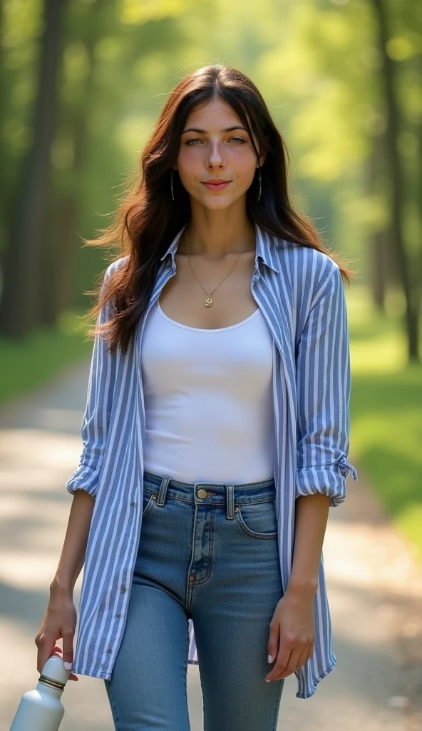 beautiful woman of 25 years old, in shirt and jeans in park, looking directly at the camera