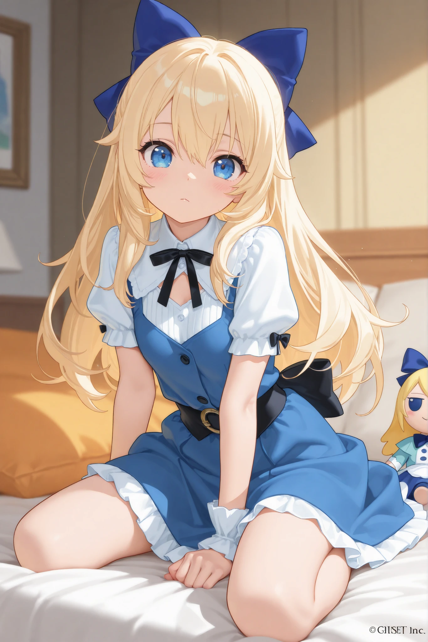 (best quality, masterpiece:1.2), illustrations, a cute girl, cute face, kawaii, very lovingly face, early teens,
10-year-old,
blonde hair, long hair, straight hair, shiny hair,
blue eyes,
medium breasts,
BREAK (Alice's Adventures in Wonderland, Alice Costumes in Wonderland, blue dress, puff sleeve, white apron, frill, pinafore, collar, white legwear, loafer), (hair bow, blue bow:1.2),
BREAK (embarrassed, aroused, blush, open mouth, orgasm, steam:1.2),
BREAK (lying on back, girl spread legs, leg up, hold own thighs:1.4), pussy juice,
indoor, bedroom, on the bed, from above,