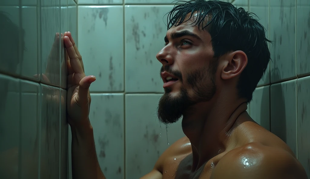Jew Romaniote taking a shower,  men  focus on face, Water falling from the shower, shiny muscles wet from the water, hand on chest, suggestive look
