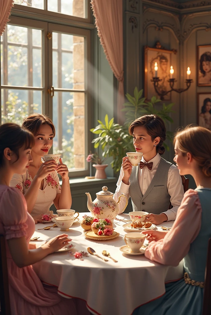 1950s Time-Traveling Tea Room (Location: Time-Traveling Tea Room)
Character: A child, around 11 years old, with a time-traveling device and a curious expression, explores a whimsical tea room that transcends eras during the 1950s. Wes Anderson's time-travel palette captures the fusion of past and present.