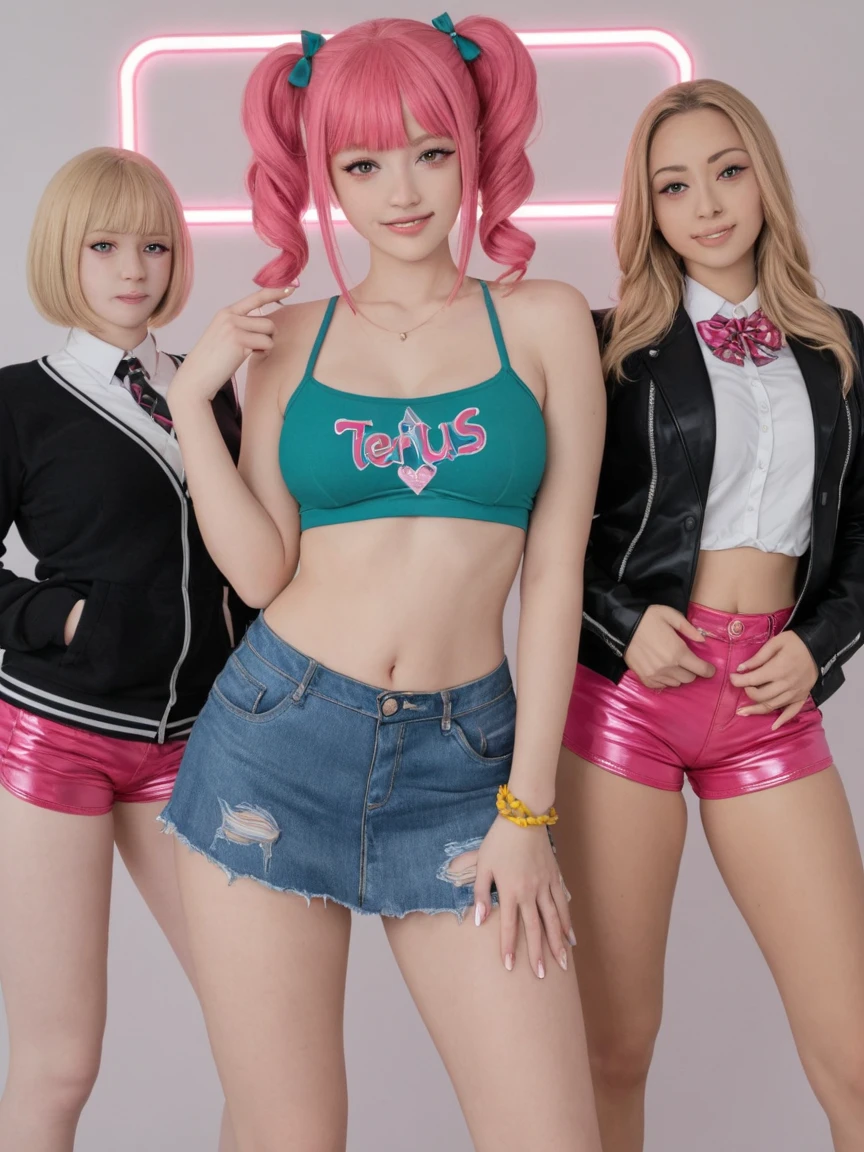 (masterpiece, photorealistic, highly detailed, perfect eyes) portrait of 2 goth college girls in dorm room, best friends having fun, blonde hair, pink hair, cleavage, tank top, short shorts, dark eye-makeup, big hips, big ass, liz katz, cece rose