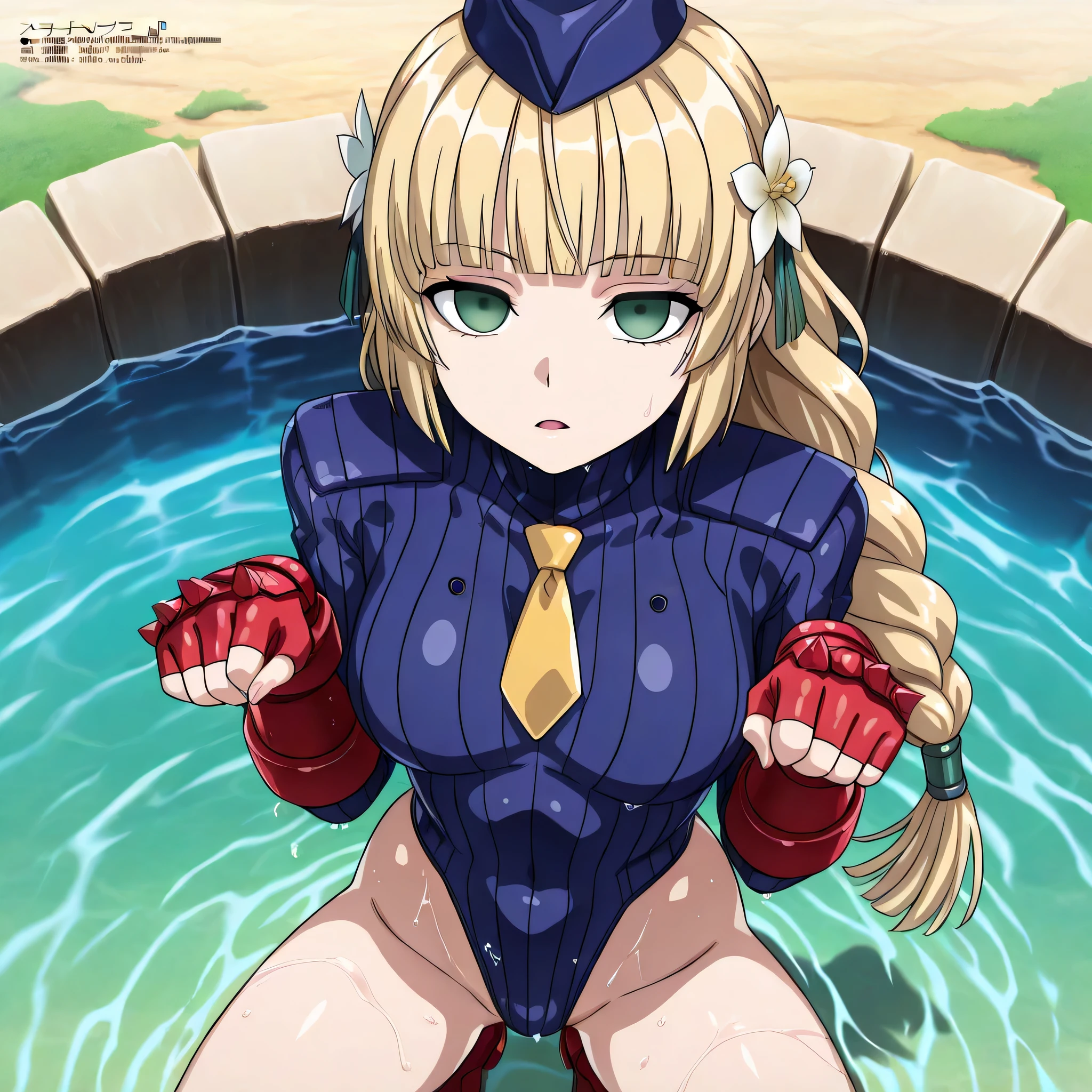(((Masterpiece))), (((Best Quality))), ((Super Detail)), ultra-High resolution, score_9,score_8_up,score_7_up,score_6_up,score_5_up,score_4_up, BREAK, source_anime, anime screencap, uncensored, rating_explicit, Masterpiece, (absurdres), (detailed background), (very aesthetic), detailed beautiful eyes, outstanding, an exquisite animation illustration, curvy, highres, dark persona, shadaloo dolls, red gloves, hat, cowboy shot, fingerless gloves, gauntlet, red gauntlet, leotard, cosplay, highleg, highleg leotard, red gloves, garrison cap, dark persona, ribbed leotard, yellow necktie, (((solo, 1girl))), hair ornament, submissive pose, seductive pose, emotionless, empty eyes, expressionless, blank eyes, anime style, anime coloring, animification, megami magazine, medium breast, suming, blonde hair, braided ponytail, long hair, blunt bangs, green eyes, hair flower, outdoor, kneeling, squatting, crouching, in water, submerged, paw pose, sexy pose, looking from above, from above, view from above, open mouth, looking at viewer, sweat, soak, wet body