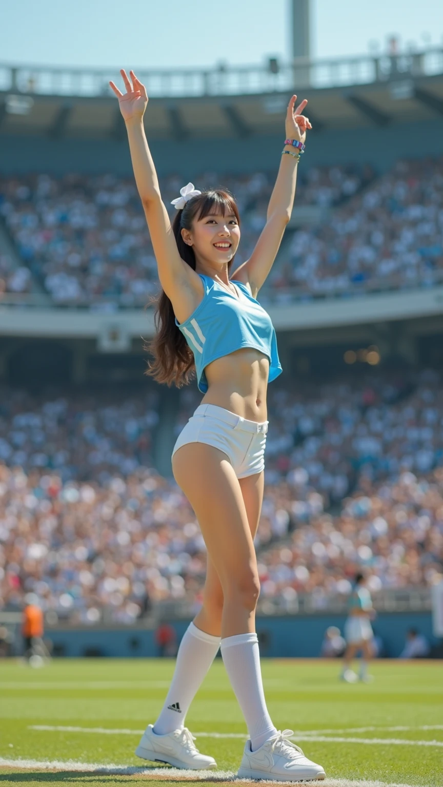 (8K, best quality, masterpiece:1.2), (realistic, photo-realistic:1.37), (high color saturation:1.0), (highly detailed skin), (highest quality:1.0), (ultra high resolution:1.0) ,(realistic:1.0), (Super detailed:1.0), (8K, Raw photo:1.1)、random pose, smiling, small breast, perfect lighting, 3girls, (mysterious), (blurred background), clear and detailed, dancing, cheerleading_uniform, hold in hand pompoms, ((stadium)), blue sky, sunshine, low angle, blue and white stripe skirt, raise one legs, (no panties), inverted nipples, jumping pose, software, full body shot、nsfw, audience,looking at back viewer,