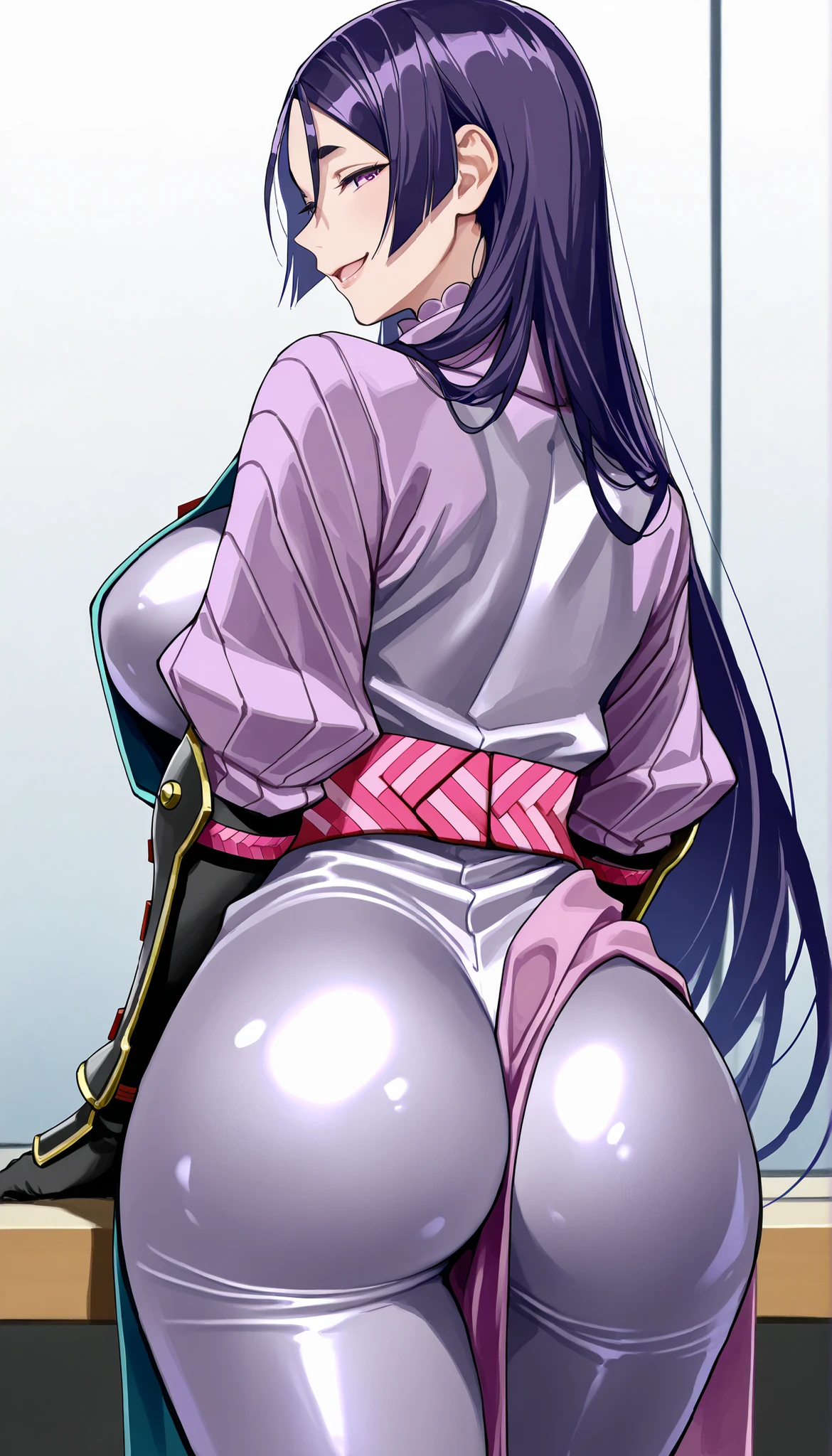 eida, long hair, bangs, blue eyes, very long hair, blue hair, pink hair, multicolored hair, earrings, blunt bangs, two-tone hair, streaked hair, beautiful, beautiful woman, perfect body, perfect breasts, wearing a kimono, showing shoulders, wearing earrings, wearing a watch, being in the garden, cherry trees, traditional Japanese house, looking at the viewer, a slight smile, realism, masterpiece, textured leather, super detailed, high detail, high quality, best quality, 1080p, 16k, showing shoulder, (((perfectly erected medium breast))), kneeling and showing her ass, (((from behind bottom)))