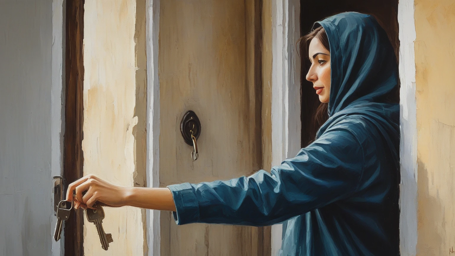 Orientalism painting by Theodore ralli, sneaking into palace at night, dark scene with one Iranian young woman (ninja thief), solo, alone
