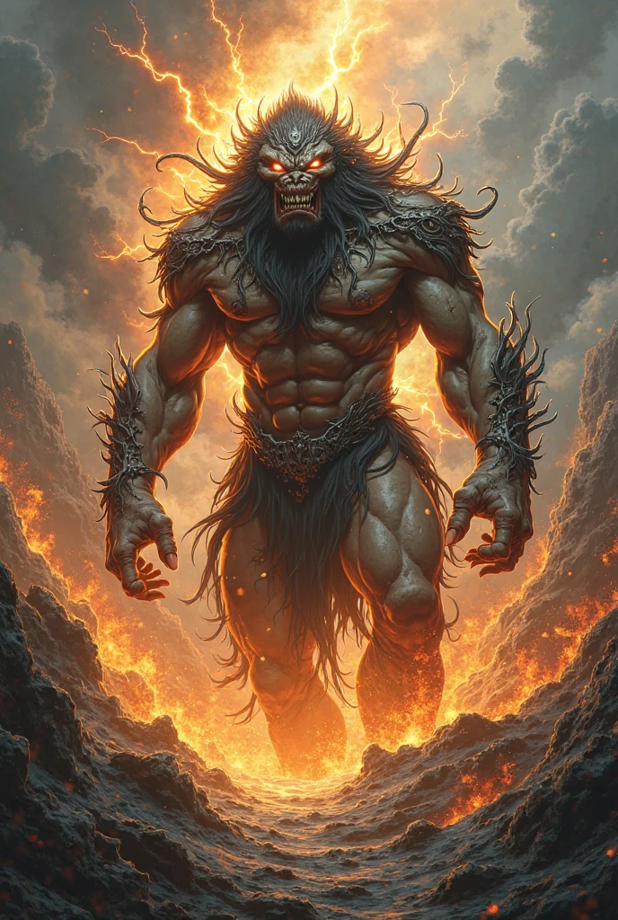 "Imagine a powerful male demon inspired by Final Fantasy's Ifrit. He has a muscular and imposing figure, with dark, fiery red skin. Sharp, menacing horns emerge from his head, and his eyes glow an intense yellow color. Its mouth is full of sharp, jagged teeth. Its body is adorned with tribal markings and scars, adding to its intimidating presence. Its hair is long and wild, resembling flames that cascade down its back. is enveloped in an aura of fire and heat. In the background, a dark volcanic scene with flowing lava and burning embers in the air."