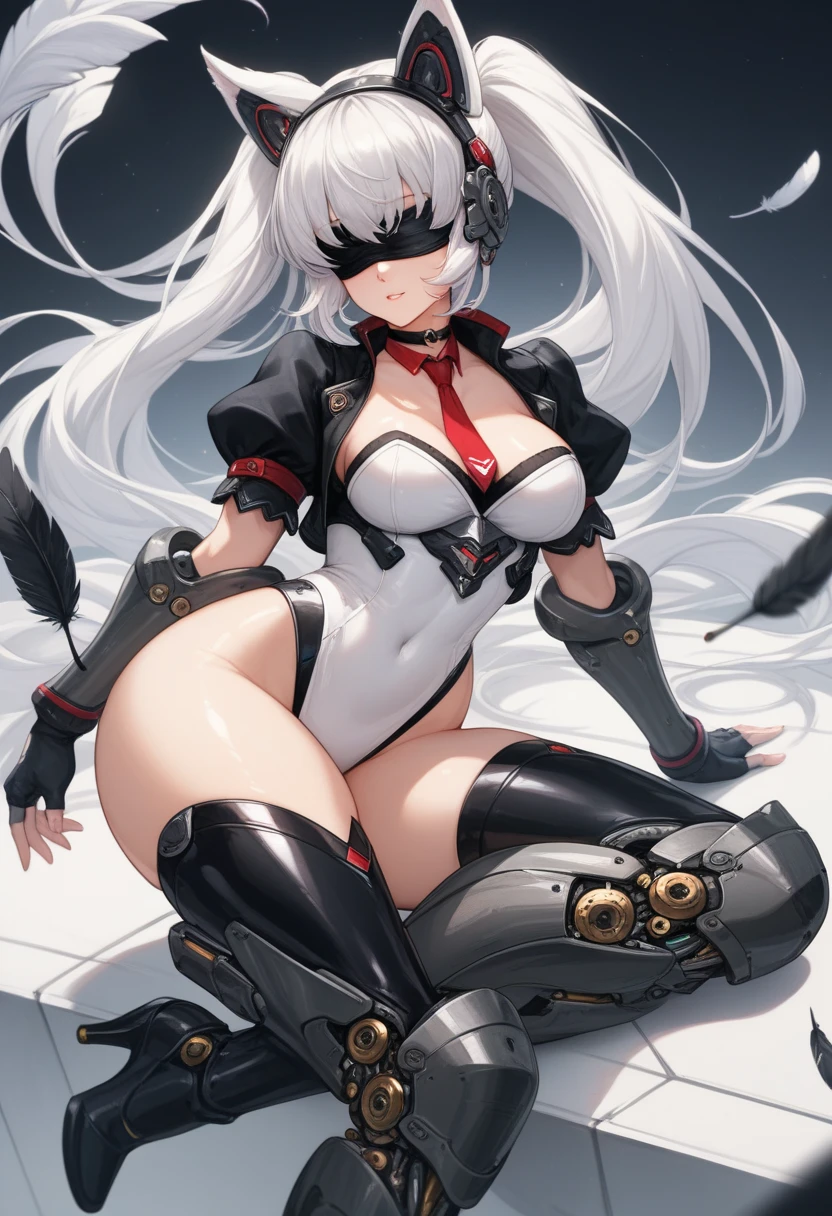 sculpted bodysuit、{{{My chest is sticking out}}}、red、headphones、twin tails、shiny clothes、whole body、bangs、長いredいtwin tails、red面、gloves、impossible clothes、latex、latex ボディスーツ、Short jacket、Perfect for your skin、shrug \(clothing\)、medium breasts、slim waist、perfect body、slim legs、long sleeve、look at viewer、redい目、simple background、Perfect for your skin、smile、solo、Pause、very long hair、白いgloves、gray hair