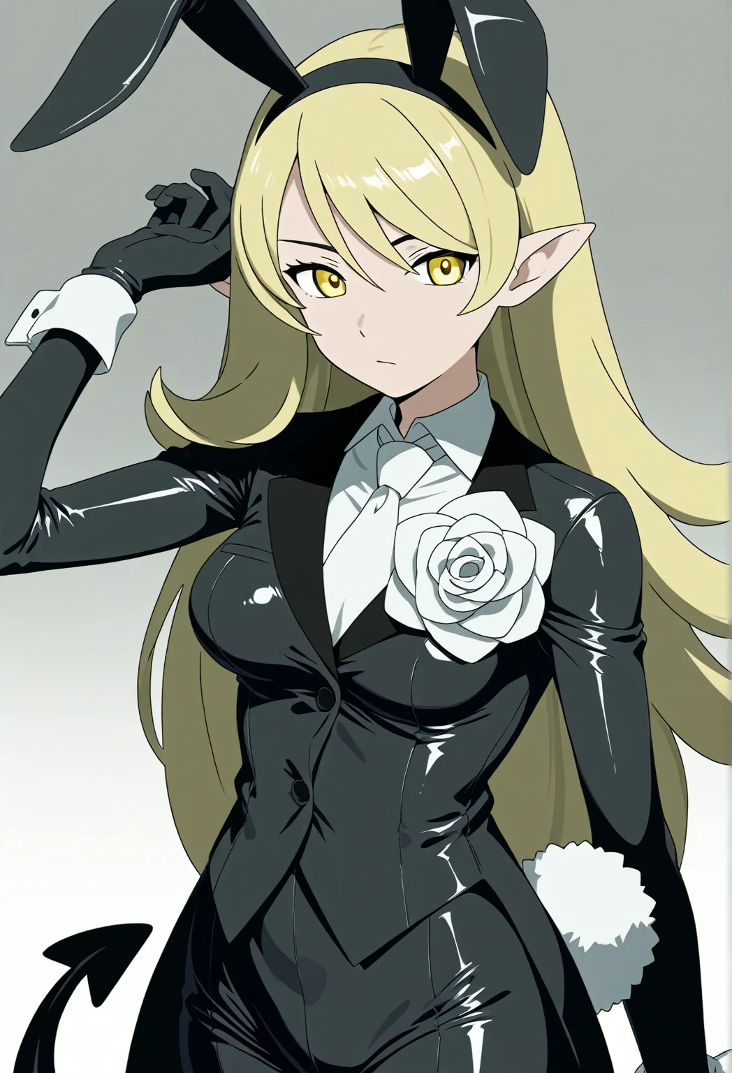 Anime line art, (monochrome), black and white, (colorless), Full body image of latex fashion girl with HARD SHARP lines, The latex should be very shinny with a lot of light bouncing off the material, young girl in a dynamic pose, 8 year old, young and cute, Japanese cartoons, Lovely, light blond shiny hair in long pigtails, (Navel tattoo), small boobs, shiny black Latex flowing skirt, blue latex corset and a black skirt. She has long blonde hair styled in two cat ears with pink tips. The girl is also wearing a pink choker necklace. black Latex gloves, Latex knee-high boots, High-gloss finish, Super detailed, (basement), 8K.