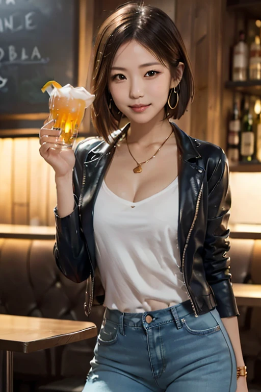 a closeup,(fidelity:1.4),(A big-breasted:1.2)Super high resolution,Cleavage,Burgundy leather coat,Outstanding details,Highest image quality,Michelle Ice City,glass,fruit shop,lemon tea